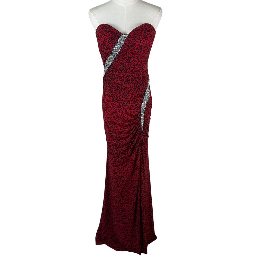 Vtg Precious Formals Gown Women 14 Red Leopard Print Rhinestone Strapless Slit